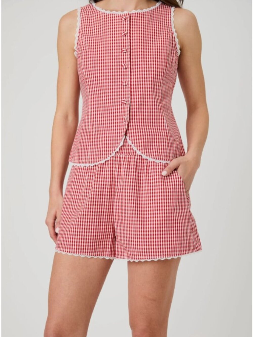 French Connection Lace Trim Gingham Vest Size M and Shorts XS